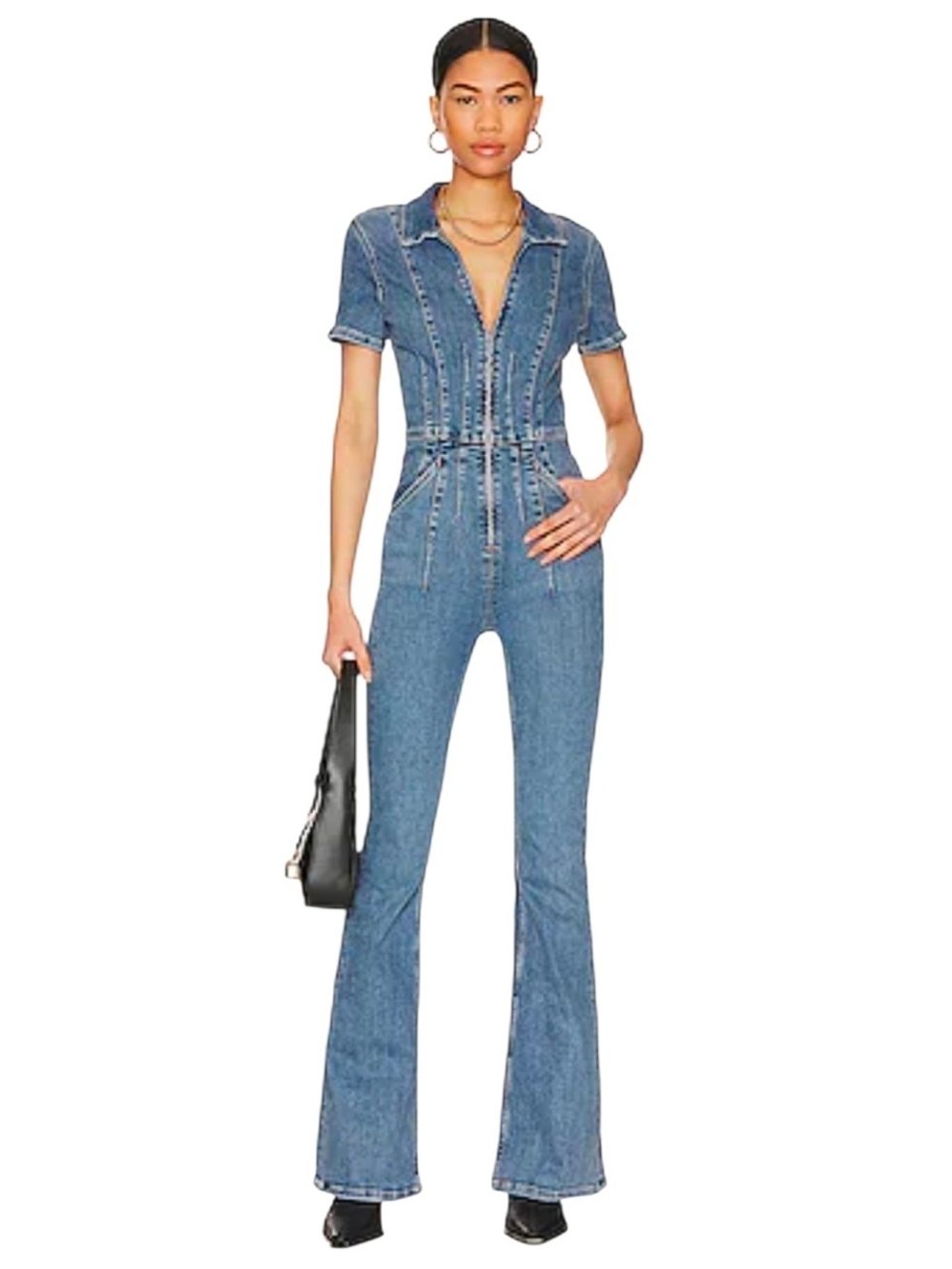 Free People Jayde Flare Denim Jumpsuit Sunburst Blue XS NWT
